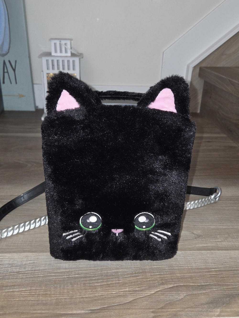 Black Plush Cat Backpack Toy Bag with Pink Ear Accents